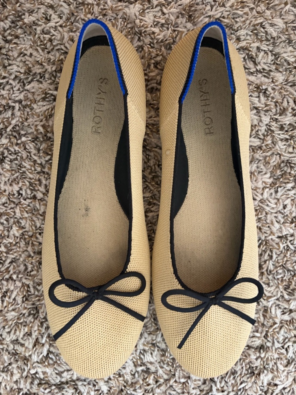 Rothy's Tan Knit Ballet Flats with Black Trim and Blue Accent